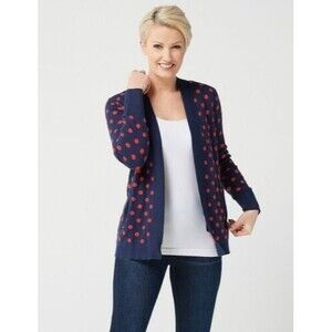 Isaac Mizrahi Navy Blue Red Polka-Dot Jacquard Long-Sleeve Cardigan Sweater Med